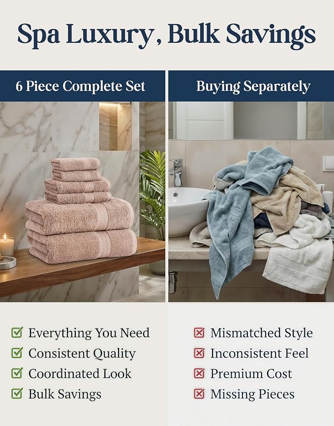 LANE LINEN Bath Towel Set Quick Dry 100% Cotton 6 Piece Soft - Taupe | Cotton Bath Towels - Classic Terry Weave, Densely Woven, Coordinated Colors, Dobby Border Accent, OEKO-TEX Certified