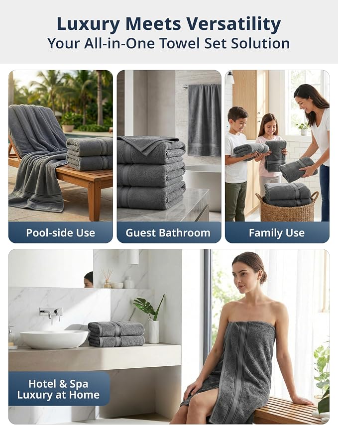 LANE LINEN Bath Sheet Set 4 Pack Oversized Soft Absorbent Quick Dry - Grey | Cotton Bath Sheets - Oversized & Roomy, Lightweight & Breathable, Fade-Resistant Color, Classic Terry Weave, Densely Woven