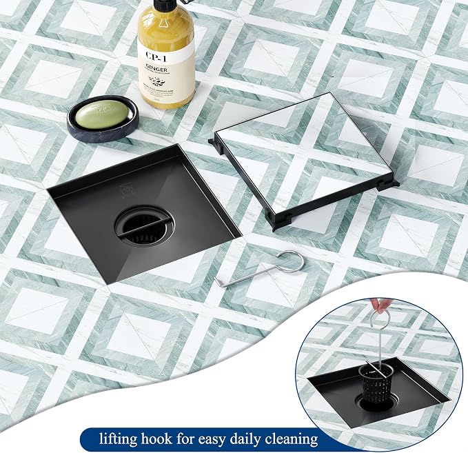 Neodrain Square Shower Drain with Removable Tile Insert Grate,304 Stainless Steel, CUPC Certified, Includes Hair Strainer (Matte Black, 6 in)