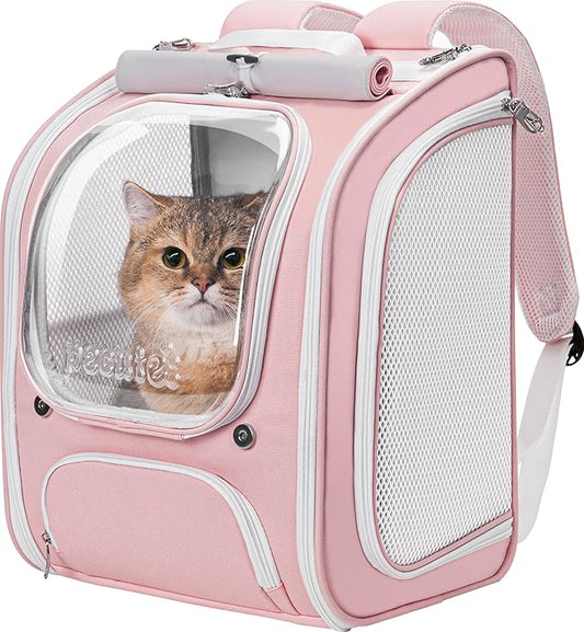 Pecute Cat Backpack Carrier,Large Space Cat Bubble Backpack,Ergonomic,Pink | Sunshade Curtain,Transparent Window,Safety Rope,Sturdy,Large Mesh on Both Sides for Breathability,Suitable for Outdoor,Vet
