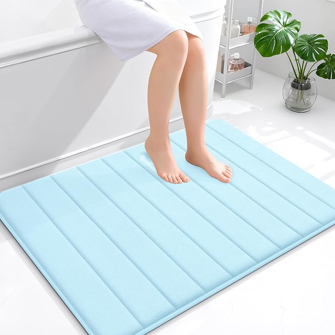 OLANLY Memory Foam Large Bath Mat 40x32, Super Soft Absorbent Bathroom Rugs | Sky Blue, Quick Dry Bath Rug, Machine Washable Shower Floor Mats, Bathmat Carpet for Bathroom Floor, Tub and Shower