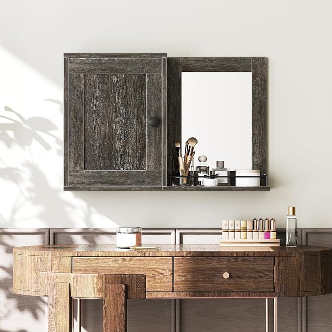 YATINEY Medicine Wall Cabinet with Mirror, Bathroom Mirror with Storage, Medicine Cabinet Mirror, Wall Mounted Home Storage, Adjustable Shelf, for Laundry Room, Bedroom, Camper, Hallway, Smoky Oak
