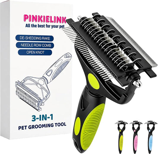 3-IN-1 Pet Grooming Tool - Undercoat Rake, Dematting Comb & Deshedding Brush for Cats, Dogs, Horses - Removes Mats, Tangles & Loose Fur, Reduces Shedding & Prevents Hair Mess (Green)
