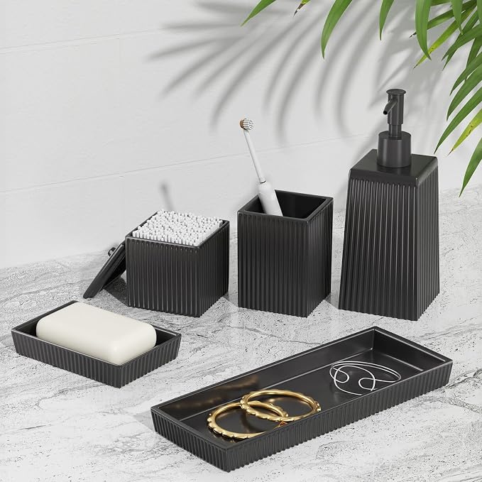 XLHOMO Bathroom Set - Black Bathroom Accessories Set, 5PCS Ceramic Bathroom Accessory Set, Bathroom Sets with Soap Dispenser, Toothbrush Tumbler, Soap Dish, Q-tip Holder & Vanity Tray