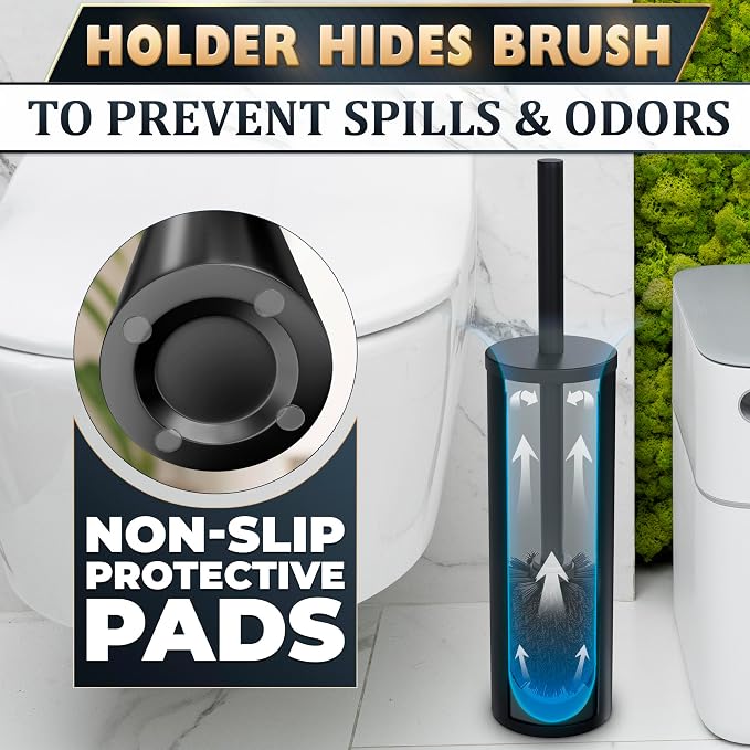 Matte Black Toilet Brush and Holder Set - Stainless Steel Toilet Brush with Holder, Removable Inner Bowl, Replaceable Head, Anti-Splash Guard and Flexible Bristles for Effective Bathroom Cleaning