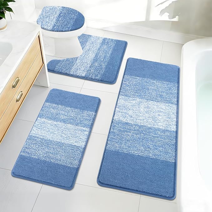 Bsmathom Bathroom Rug Set 4 Piece, Plush Microfiber Bath Mat, Blue | Extra Water Absorbent, Non Slip Washable Runner Bath Rugs with Toilet Lid Cover and U-shaped Contour Toilet Mat