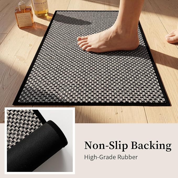 YIHOUSE Thin Bath Mat Black Bathroom Rugs Sets 3 Pieces, Non Slip Absorbent Bath Mats Quick Dry, Woven Braided Rugs Washable,Tapetes para Baño for Bathroom,Bathtub(17.5"x24"U+17"x24"+17"x47")
