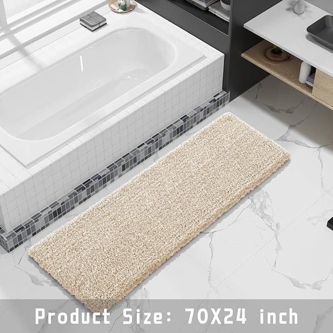Yimobra Luxury Bathroom Rugs, Fluffy Bath Mats, Non Slip, Water Absorbent Microfiber, Machine Washable, Plush Runner Shower Rugs, Thick Matts for Bathroom Floor/Tub, 70" X 24", Light Beige and White