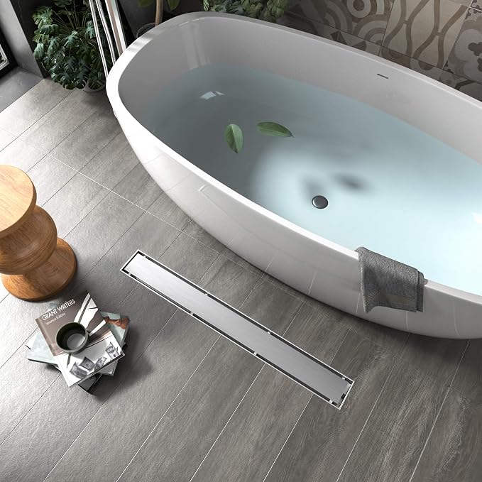 YEFU Shower Drain Nickel for Bathroom: 24 Inch Stainless Steel Linear Shower Drain – 2-in-1 Shower Floor Drain with Tile Insert Grate – Rectangle Linear Drain with Adjustable Feet & Hair Strainer