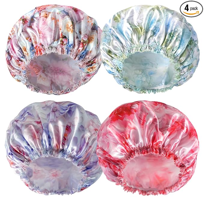 Shower Caps for Women, 4 PCS Reusable Waterproof Bath Cap | Double Layer, Washable, Wide Elastic Band, Holds Long Hair, Caps for Bath Accessories, Spa, Travel Home - Flower