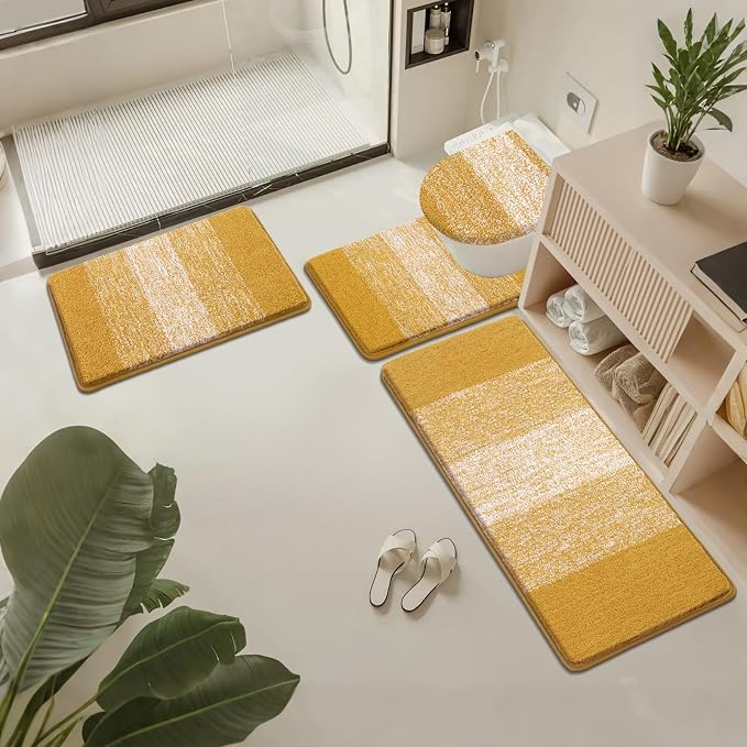 Bsmathom Bathroom Rug Set 4 Piece, Plush Microfiber Bath Mat, Mustard | Extra Water Absorbent, Non Slip Washable Runner Bath Rugs with Toilet Lid Cover and U-shaped Contour Toilet Mat