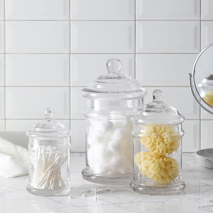 Glass Apothecary Jars Bathroom Storage Organizer Canisters (Set of 3, Clear)
