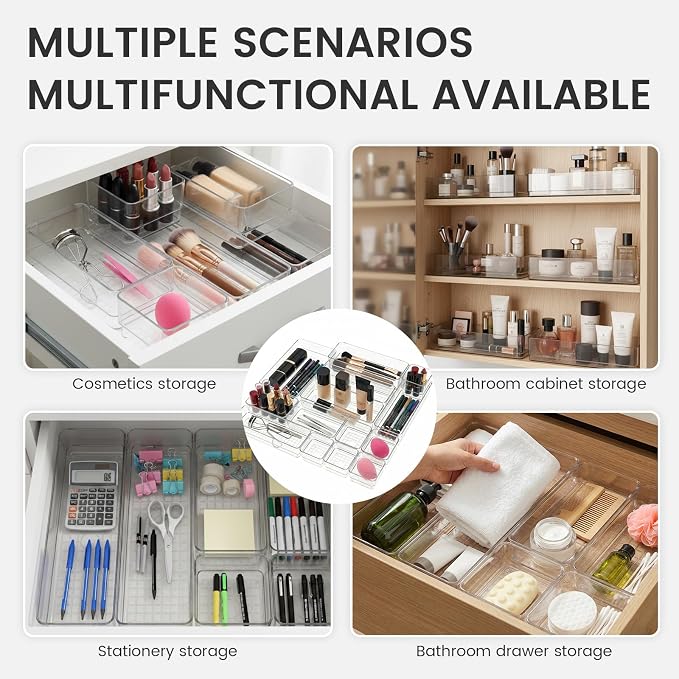 27 PCS Clear Plastic Drawer Organizer Set, 4 Sizes Acrylic Drawer Storage Trays Non Slip Storage Bins for Makeup, Jewelry, Gadgets for Kitchen, Bedroom, Bathroom, Office