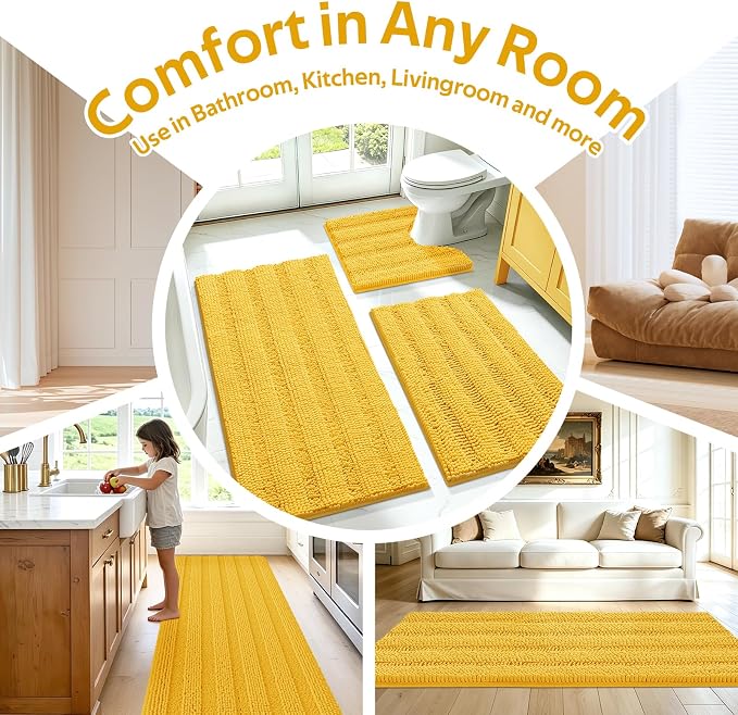 ACCUMTEK Striped Yellow Bathroom Rug Set 3 Pieces Ultra Soft, Non Slip Chenille Toilet Mat, Absorbent Plush Shaggy Bath Mats for Bathroom, Bedroom, Kitchen