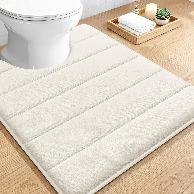 OLANLY Memory Foam Toilet Rugs U Shaped 24x20, Super Soft and Absorbent | Ivory, Quick Dry Commode Contour Bath Rugs, Machine Washable Toilet Mat, Comfortable Bathmat Carpet for Bathroom Floor