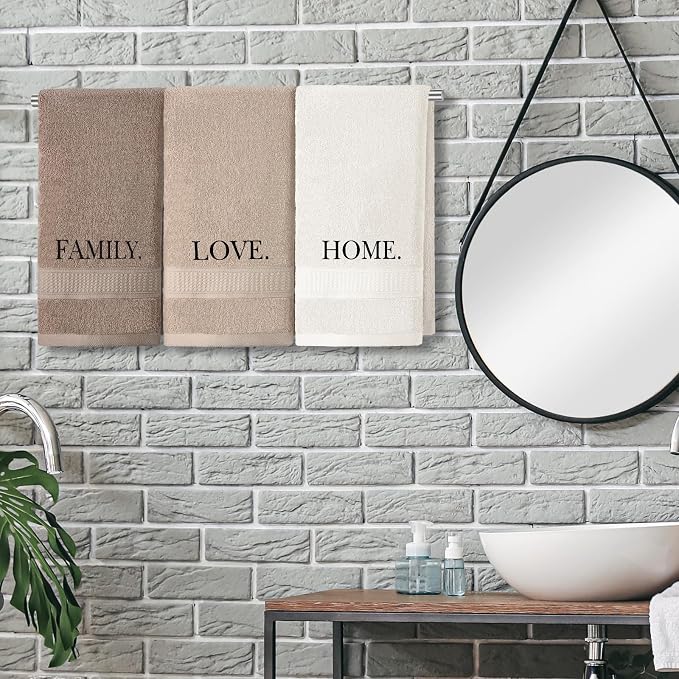 3 Pcs Hand Towels Bathroom Set,Brown,Home,Love,Family | Embroidered Cotton Farmhouse Towels, Kitchen Decor, Rustic Boho Decorative with Text Labels, Guest Bath Home