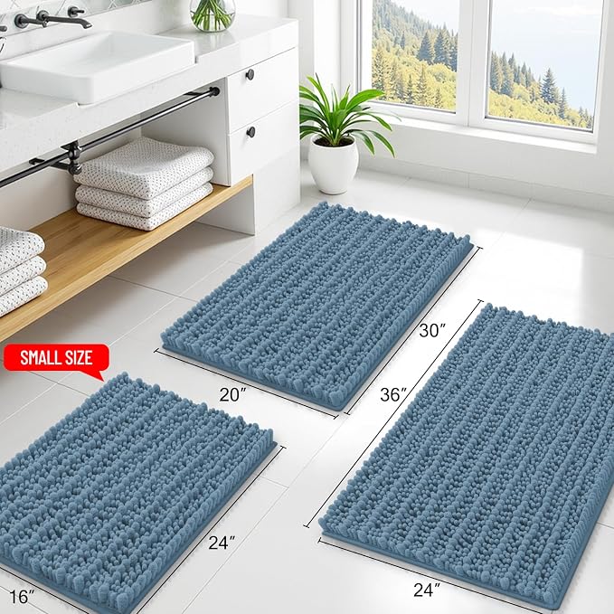 Smiry Bathroom Rugs 47X24, Extra Soft Rubber Backing Chenille Bath Mats | Grayish Blue Machine Washable Non Slip Quick Dry Bath Mats for Bathroom Floor, Tub, Shower, Home Decor Accessories