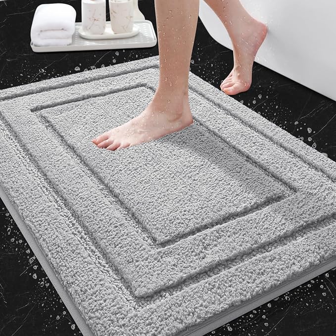 IM HOME Bathroom Rugs, Ultra Soft Plush Fluffy Microfiber Absorbent Bath Mat, Non-Slip Backing, Machine Washable Bath Mats for Bathroom Floor, Tub and Shower, Grey/32"x20"/Bordered