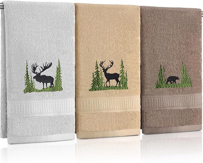 3 Pcs Farmhouse Cabin Bear Hand Towels Hand Towels for Bathroom | Embroidered Forest Moose Deer Design, 100% Cotton, Farmhouse Kitchen Holiday Decor, Absorbent Towels, Housewarming Gifts
