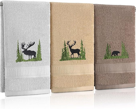 3 Pcs Farmhouse Cabin Bear Hand Towels Hand Towels for Bathroom | Embroidered Forest Moose Deer Design, 100% Cotton, Farmhouse Kitchen Holiday Decor, Absorbent Towels, Housewarming Gifts