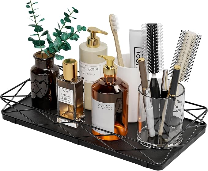 Lixple Toilet Paper Basket Holder, 13" Toilet Tank Tray, Wood and Metal Toilet Tray Vanity Organizer Bathroom Tray, Kitchen Sink Organizer for Soap Dispenser (Black)