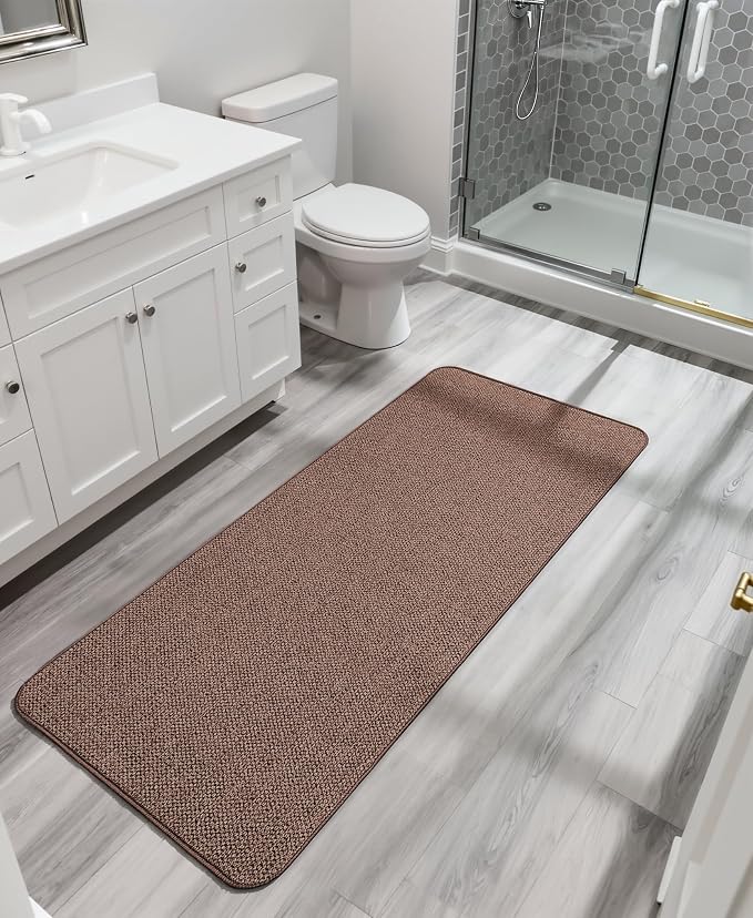 Bosap Bath Mat,Ultra Thin Bathroom Runner Rugs,Large Bath Mats for Bathroom,Quick Dry,Non-Slip,Machine Washable,Low Pile,Bath Rug,Shower Outside,Sink,Home Decor Accessories.Brown,2'x5'（24x60inch）