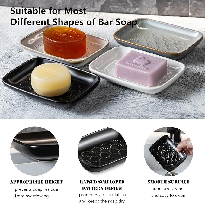Gomakren Ceramic Soap Dish Bar Soap Holder for Bathroom Kitchen Sink Black | Keeps soap dry & long-lasting, raised scalloped design, non-slip base, easy to clean, versatile tray counter storage & decor