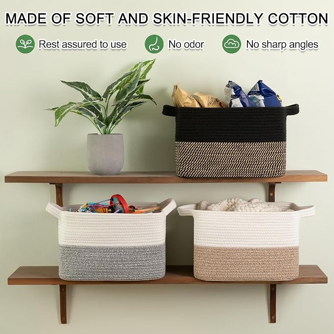 OIAHOMY Woven Storage Basket for Shelves, Rectangle Cotton Rope Baskets for Organizing, 13 x 10 x 9 in, Storage Bins for Dog Toys,Towel,Books,Gift,Brown and White