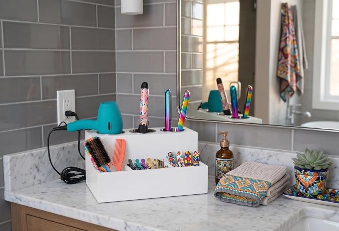 Hair Tools Organizer - Wood White - Blow Dryer, Straightener, Curling Wand, Brushes Holder - Vanity & Bathroom Storage - Wall Mount or Sit on Counter