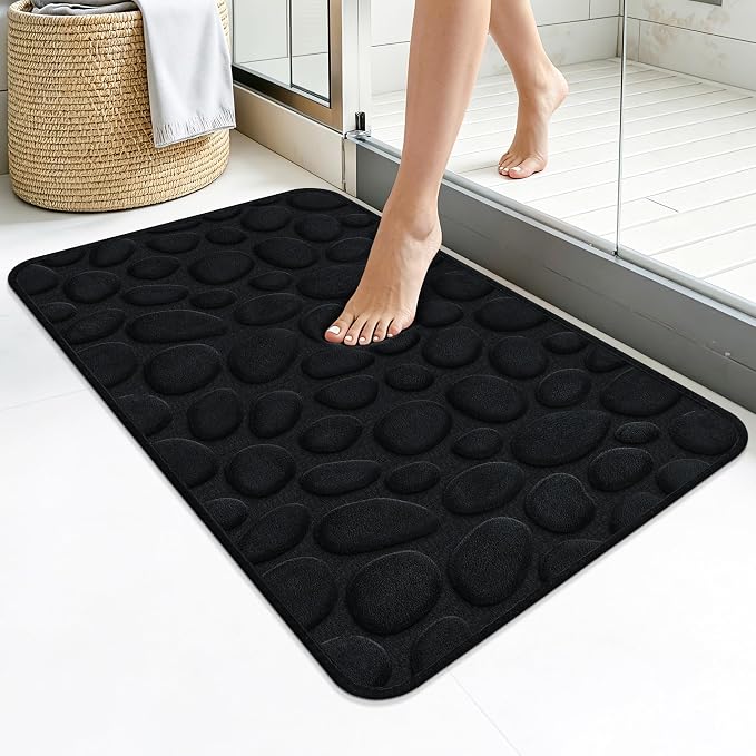Stone Bath Mats, 32x20 Non-Slip Memory Foam Bathroom Rug, Black | TPR Rubber Backing,Ultra Soft,Highly Absorbent,Machine Washable,Quick Dry for Tub and Shower, Home Decor Accessories