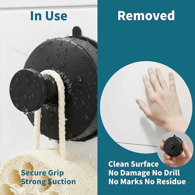Suction Cup Hooks for Shower Heavy Duty, Black Towel Hangers for Bathrooms/Shower/Door/Glass Window/Tile, Hooks for Walls No Damage Hanging Robe Bath/Loofah/Coat/Wreath - Removable, 2 Pack