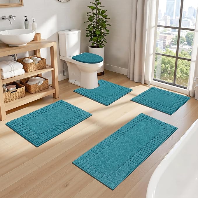 Pauwer Bathroom Rugs Set 5 Piece Non Slip Washable Bath Mat, Aqua Blue | U Shaped Contour Toilet Rugs, Soft Plush, Absorbent, Microfiber Shower Rug, Quick Dry Toilet Lid Cover