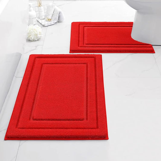 HOMEIDEAS Bathroom Rugs Sets 2 Piece, Super Soft and Absorbent Non Slip Microfiber Machine Washable Bath Mat Set (20"x32"+U20 x24, Red) | Super Soft and Absorbent Non Slip Microfiber Bath Rug，Machine Washable, for Bathroom, 20"x32"+U Shape 20"x24"