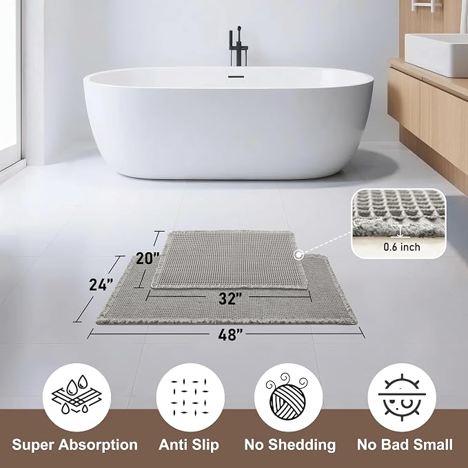 JIUZHEN Set of 2 Waffle Bath Mats Boho Bathroom Runner Rug 20"x32"+24"x48" | Grey, Non Slip, Super Absorbent, Washable, Ultra Soft, Fast Drying Bath Rug and Bathroom Runner for Kitchen Hallway Laundry