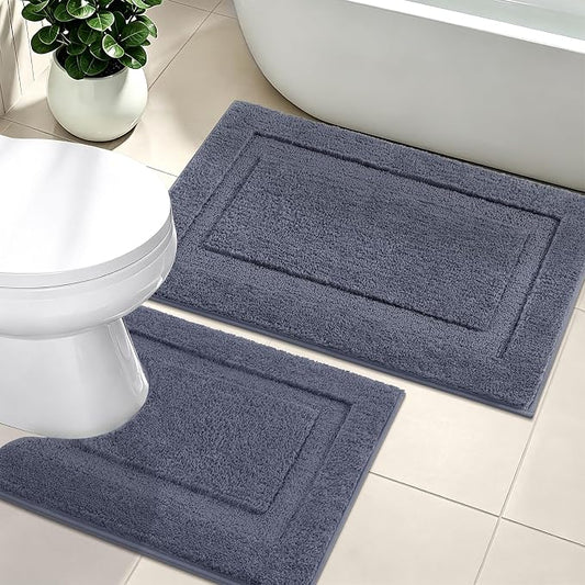 SHACOS Soft Microfiber Bathroom Rugs Set 2 Pieces with Toilet Rug | Absorbent Plush Bath Mat U Shaped Contour Bath Rug, Non Slip Washable Fluffy Bathroom Floor Mats, 32x20+24x20, Dark Grey