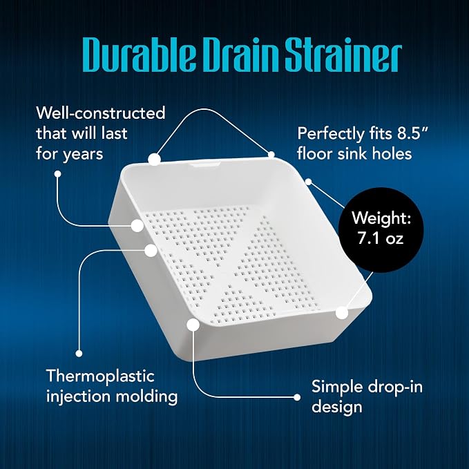 8.5-inch Floor Sink Drain Cover Alternative, Square Drain Basket for Restaurants, Use Below 3 Compartment Sink. Sink Strainer with 0.19-inch Holes, Versatile Plastic Drain Screen Basket