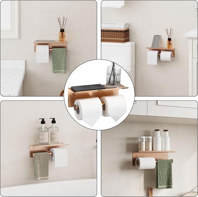Rose Gold Toilet Paper Roll Holder with Shelf Wall Mounted for Bathroom (Rose Gold, Double Head)