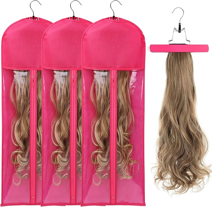 3PCS Extra Long Wig Storage Bag with Wooden Hanger Hair Extension Storage Bag with Hanger Portable Dust-proof Portable Suit with Transparent Zip Up for Hairpiece （Rose