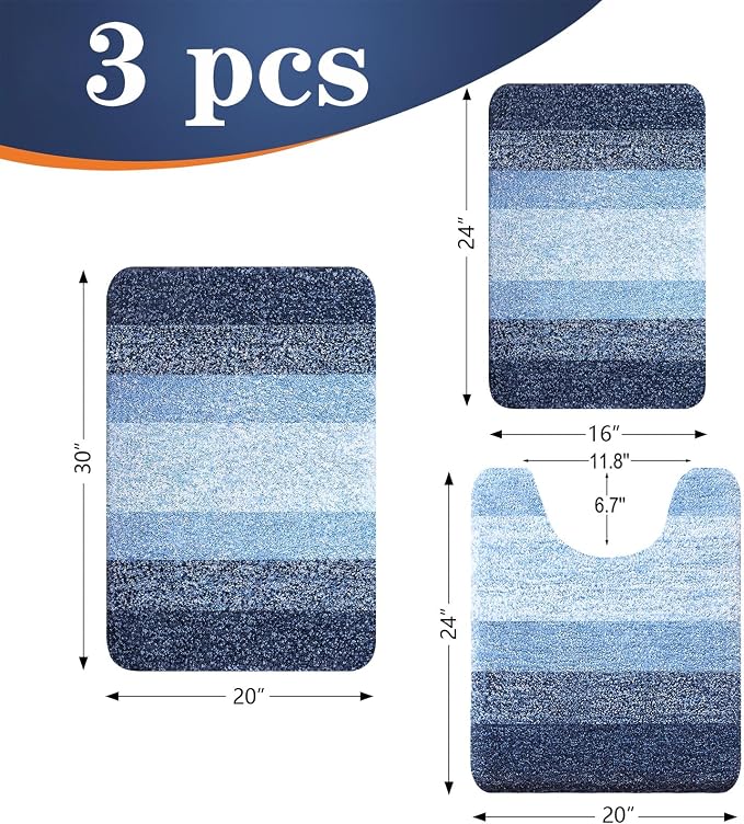 OLANLY Microfiber Bathroom Rugs Sets 3 Piece, 30"x20"+24"x16"+24"x20" | Navy, Soft Absorbent Bath Mats and U-Shaped Contour Toilet Rug, Machine Wash Dry, Plush Shaggy Bath Mat Set for Bathroom