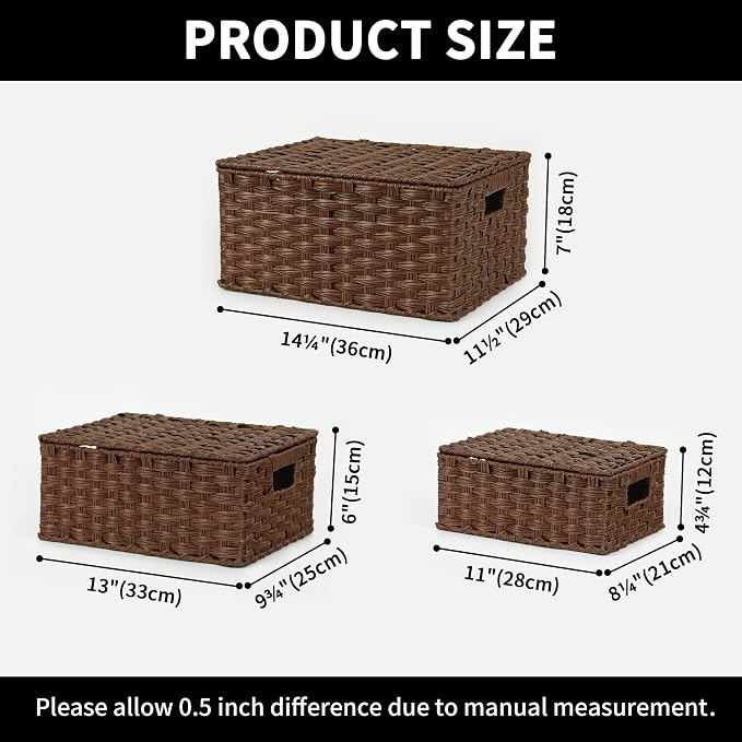 GRANNY SAYS Wicker Baskets with Lids, Set of 3 Decorative Storage Boxes, Woven Basket for Organizing, Storage and Organizer Baskets, Brown, 3-Pack