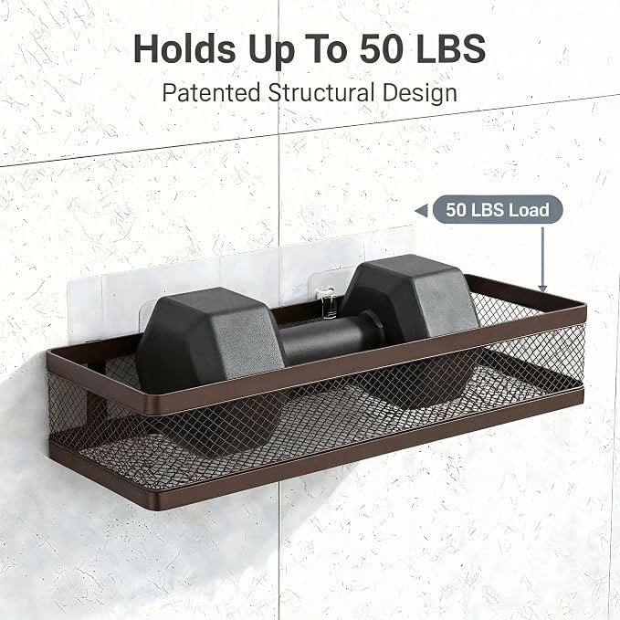 PUSDON 16.5-Inch Extra Long Slim Mesh Shower Caddy, Wall Mounted Bathroom Organizer with Adhesive, Heavy Duty Rustproof Shelf for Narrow Kitchen Pantry & RV, Holds 50 LBS Bronze -2 Packs Netting