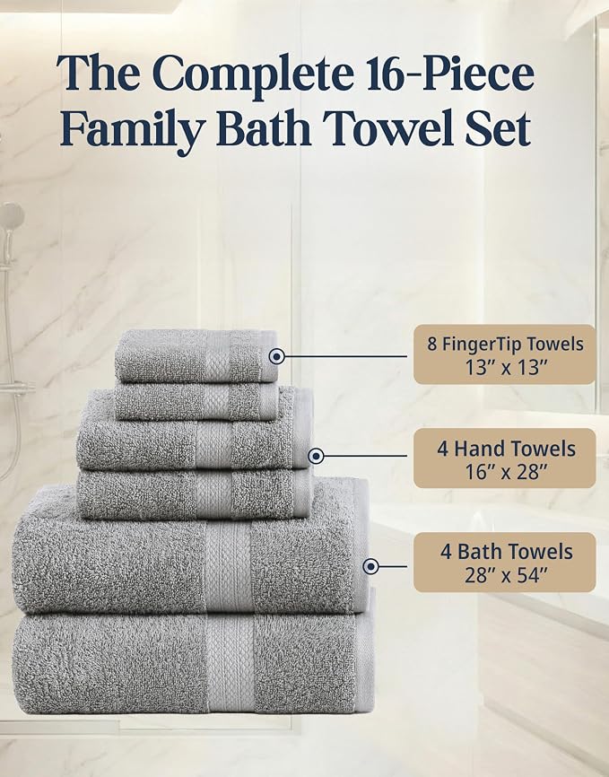 LANE LINEN Towel Set Soft Absorbent Quick Dry 100% Cotton 16 Piece - Grey | Cotton Bath Towels - Lightweight & Breathable, Fade-Resistant Color, Classic Terry Weave, Densely Woven & Durable