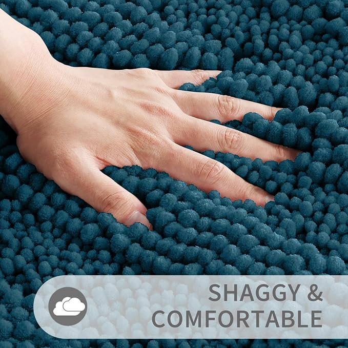 Yimobra U Shaped Toilet Rug Set, Soft Chenille, 24x17+24x20, Peacock Blue | Non Slip Machine Washable Quick Dry, Plush Absorbent Shower Rugs for Bathroom Floor Sink Tub and Shower Outside