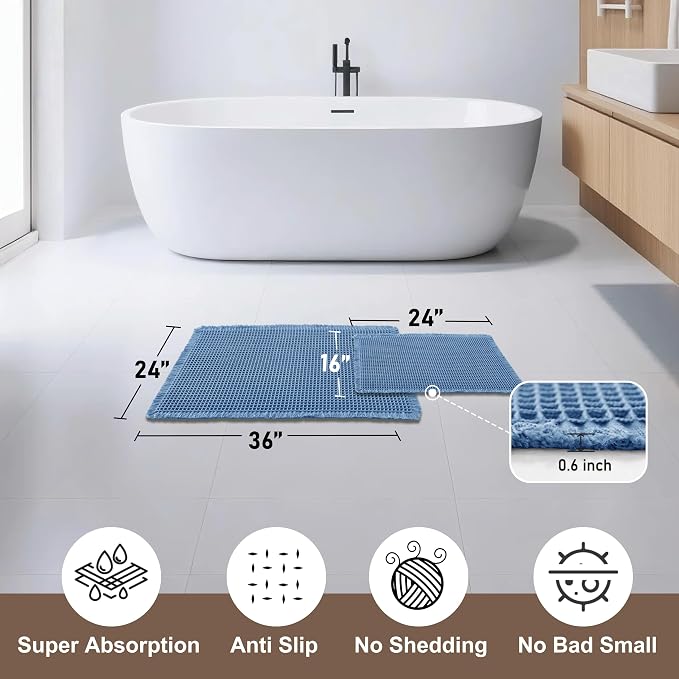 JIUZHEN Set of 2 Waffle Bathroom Rugs Boho Bath Mats 16"x24"+24"x36", Blue | Non Slip, Super Absorbent, Washable, Ultra Soft, Fast Drying Waffle Bathroom Rugs for Bathroom Floor, Tub, Shower