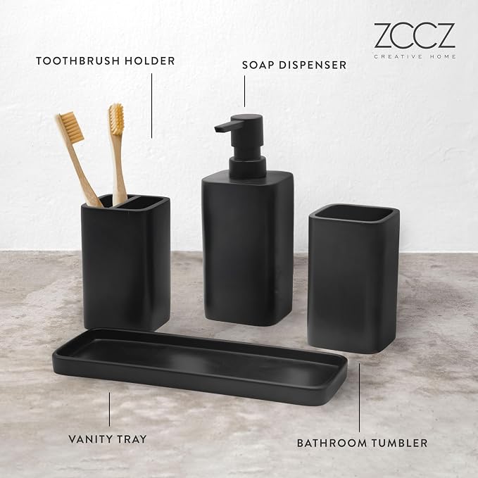 Bathroom Accessory Sets, 4 Pieces Bathroom Accessories Complete Set Vanity Countertop Accessory Set, Includes Lotion Dispenser Soap Pump, Tumbler, Toothbrush Holder and Tray (Matte Black)