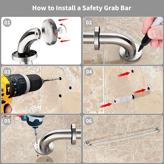 2 Pack Shower Grab Bar 48 Inch, ZUXET Chrome Extra Long Handicap Grab Bar w/Knurled Grip, Stainless Steel Bathroom Handrail for Toilet Shower Bathtub, Wall Mounted Anti-Slip Support Bar for Seniors