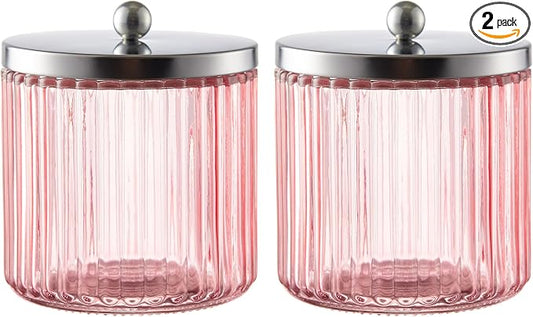 2-Pack Pink Glass Bathroom Canister Set with Silver Metal Lids – Stylish, Airtight Storage for Cotton Balls, Swabs, Pads, and Floss Picks