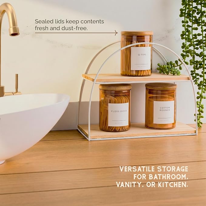 Mini Glass Apothecary Jars with Bamboo Lids, Small Bathroom and Kitchen Storage Containers, For Cotton Balls, Pads and Swabs, 10 oz, Set of 3 (Amber)