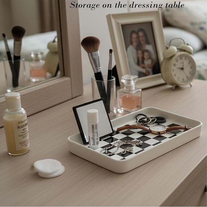 Texture Checkered Surface 10"×6"×1" Bathroom Vanity Tray for Countertop- Ceramic Decorative Organizer Tray for Dresser Top, Toilet, Perfume, Sponge Holder Soap Dish Dispenser for Kitchen Counter