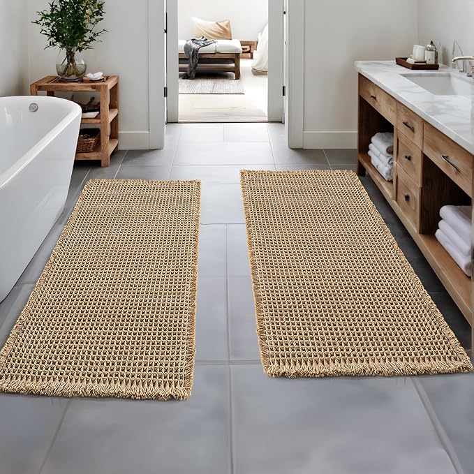 MIULEE Set of 2 Waffle Bathroom Runner Rugs Brown 2'x5'(24"x60") | Non Slip, Super Absorbent, Washable, Ultra Soft, Boho Bath Mats for Bathroom Hallway Bedroom Laundry Room Kitchen